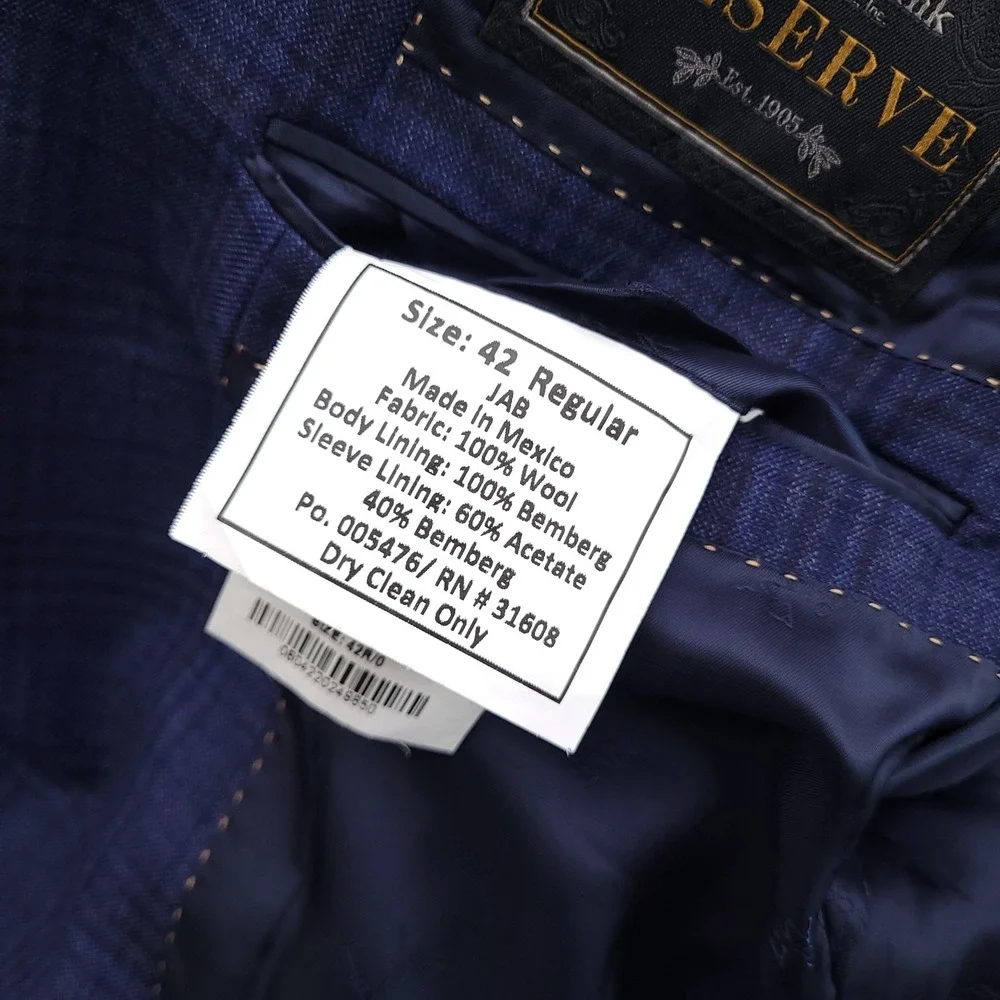 Jos A Bank Reserve Blazer Mens 42R Blue Plaid Lanificio Di Pray 130s Wool Jacket